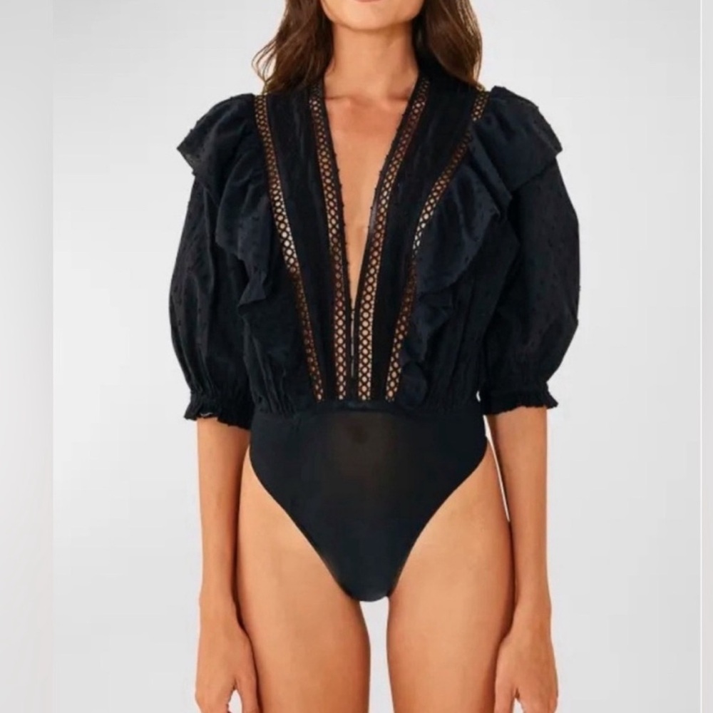 Farm Rio Lace Ruffle Swiss Dot Plunge V Neck Trimmed Bodysuit